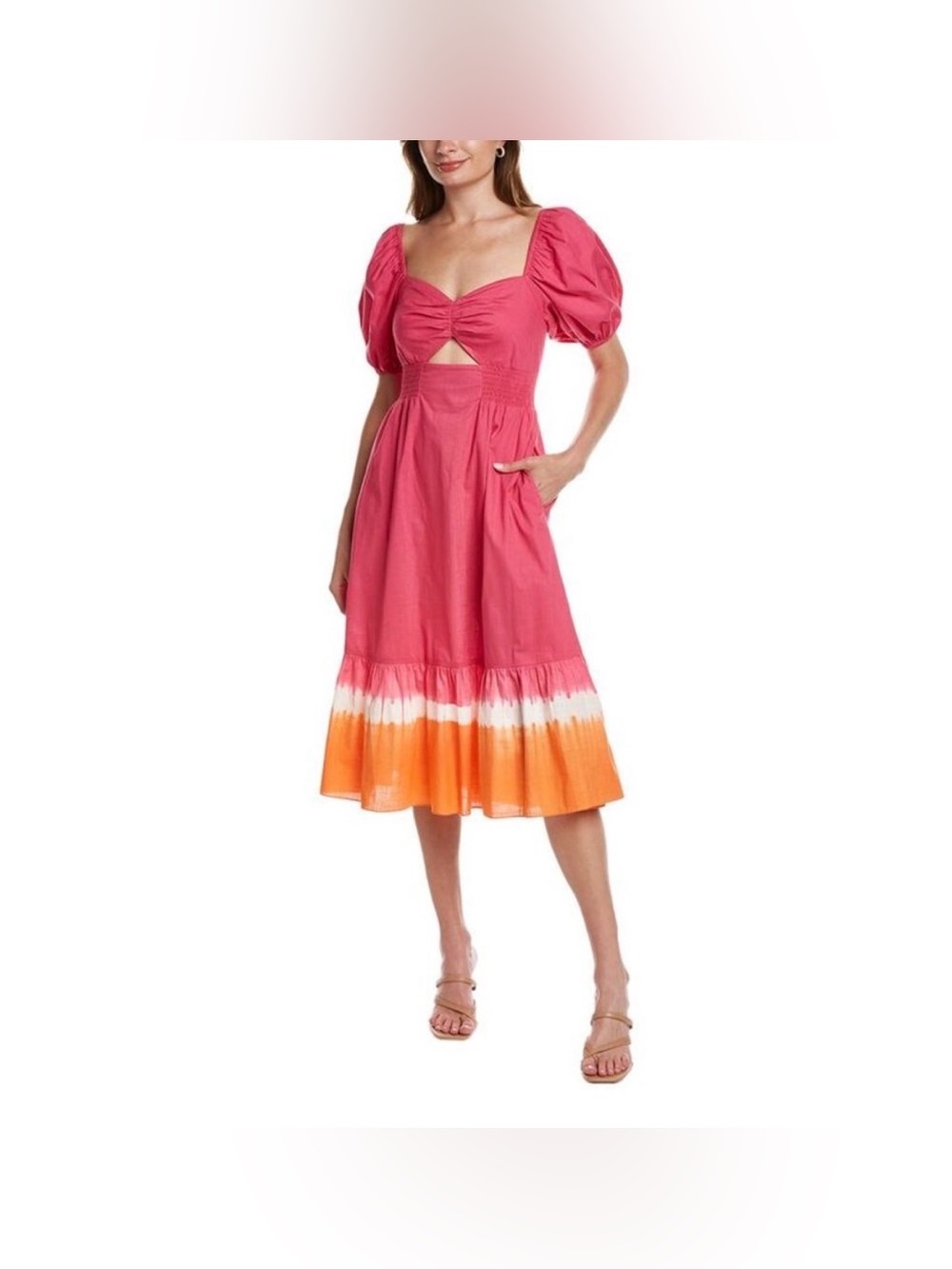 Sachin & Babi Bri Tie dye Pink Orange Short Puff Sleeve Cutout Midi Dress size 4
